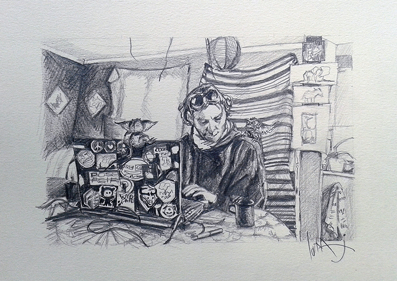 boy at computer pencil drawing