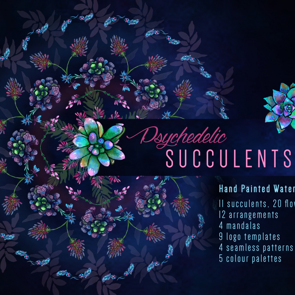 Psychedelic Succulents: Illustration & Design Pack